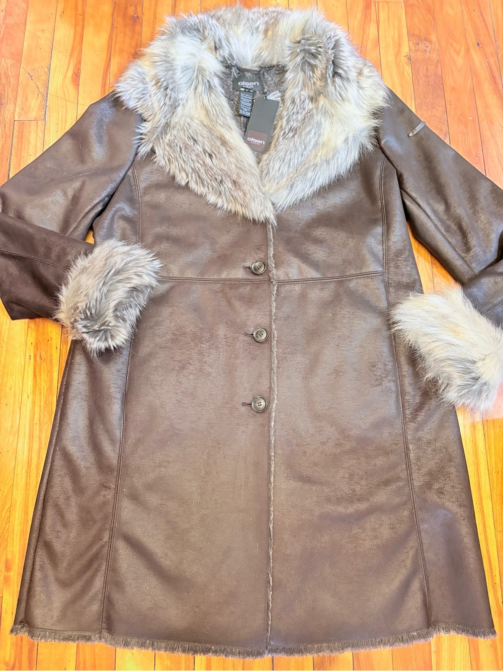 OLSEN Brown Faux Shearling Coat with Fur Trim - Ladies XL (Size 16)
